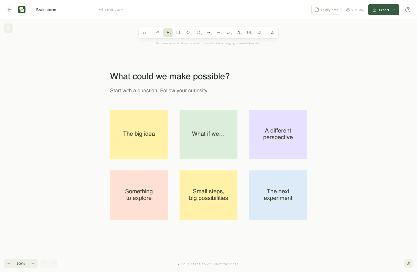Stillboard's whiteboard with a brainstorm template: six colored sticky notes, drawing tools, and export controls